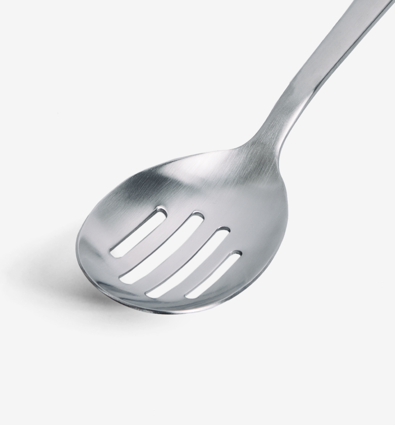 Stainless steel slotted spoon with brushed finish and elongated handle